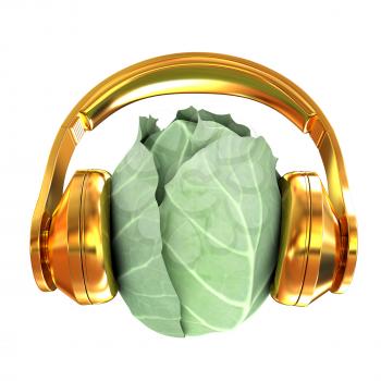 Green cabbage with headphones on a white background. 3d illustration