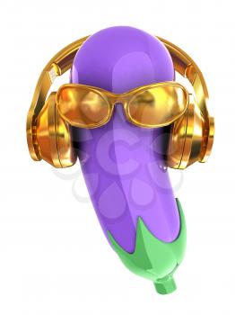 eggplant with sun glass and headphones front face on a white background. Eggplant for farm market, vegetarian salad recipe design. 3d illustration