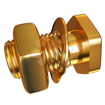 Gold Bolt with nut. 3d illustration