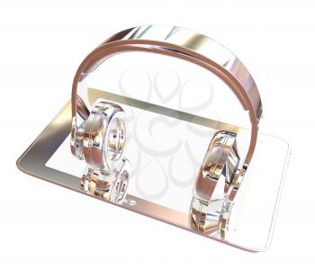 Smartphone with headphones. Chrome icon. 3d illustration