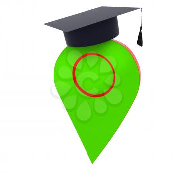 Geo pin with graduation hat on white. School sign, geolocation and navigation. 3d illustration