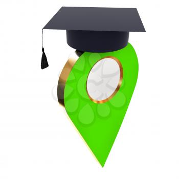 Geo pin with graduation hat on white. School sign, geolocation and navigation. 3d illustration