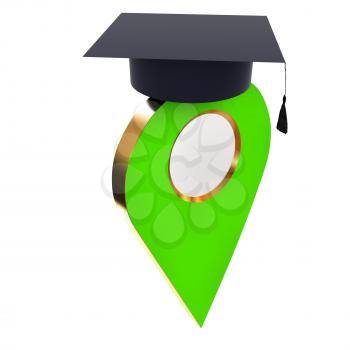 Geo pin with graduation hat on white. School sign, geolocation and navigation. 3d illustration