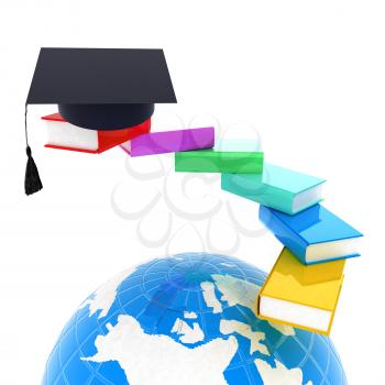 Earth of education with books around and graduation hat. Global Education. 3d illustration