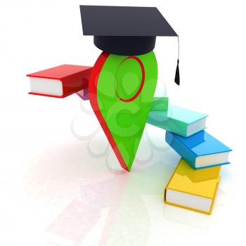 Pointer of education in graduation hat with books around. 3d illustration