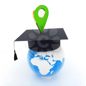 Geo pin with graduation hat on white. School sign, geolocation and navigation. 3d illustration