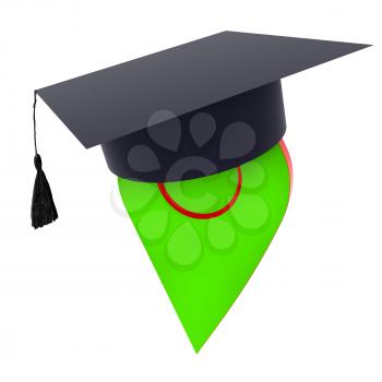 Geo pin with graduation hat on white. School sign, geolocation and navigation. 3d illustration