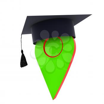 Geo pin with graduation hat on white. School sign, geolocation and navigation. 3d illustration