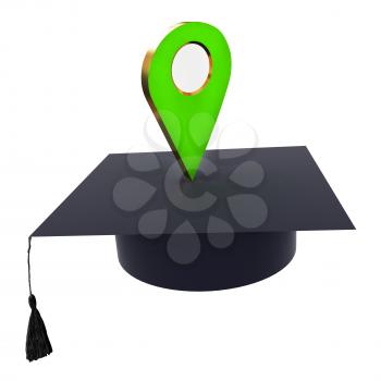 Geo pin with graduation hat on white. School sign, geolocation and navigation. 3d illustration