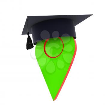 Geo pin with graduation hat on white. School sign, geolocation and navigation. 3d illustration