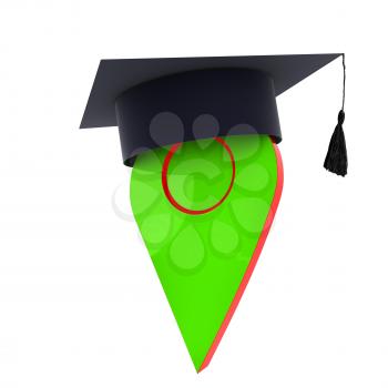 Geo pin with graduation hat on white. School sign, geolocation and navigation. 3d illustration