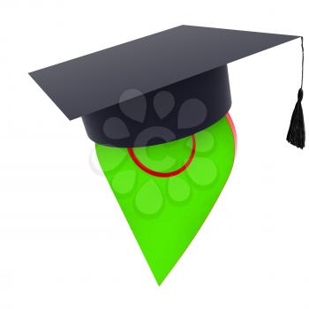 Geo pin with graduation hat on white. School sign, geolocation and navigation. 3d illustration