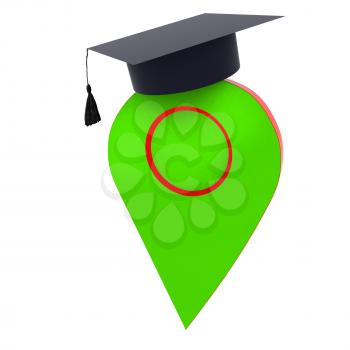 Geo pin with graduation hat on white. School sign, geolocation and navigation. 3d illustration