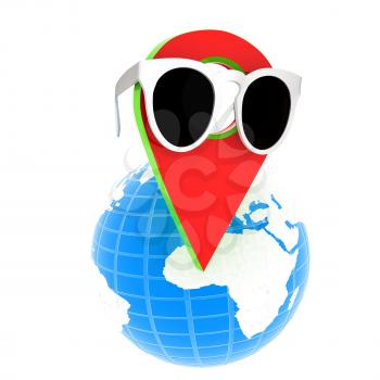 Glamour map pointer in sunglasses on Earth. 3d illustration