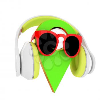 Glamour map pointer in sunglasses and headphones. 3d illustration