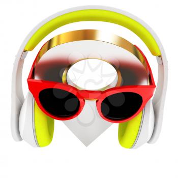 Glamour map pointer in sunglasses and headphones. 3d illustration