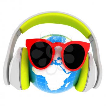 Earth planet with earphones and sunglasses. 3d illustration