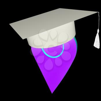 Geo pin with graduation hat on white. School sign, geolocation and navigation. 3d illustration