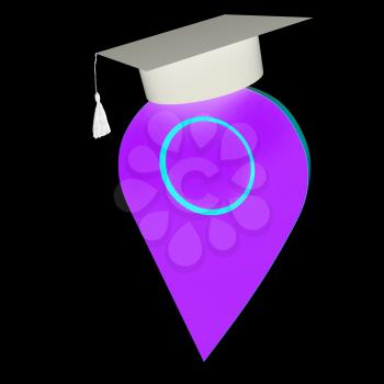 Geo pin with graduation hat on white. School sign, geolocation and navigation. 3d illustration