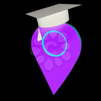 Geo pin with graduation hat on white. School sign, geolocation and navigation. 3d illustration