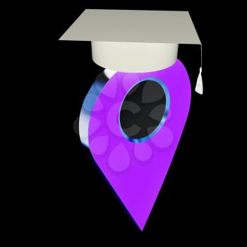 Geo pin with graduation hat on white. School sign, geolocation and navigation. 3d illustration