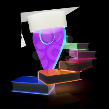 Pointer of education in graduation hat with books around. 3d illustration