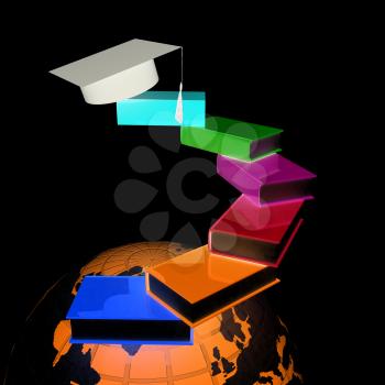 Earth of education with books around and graduation hat. Global Education. 3d illustration