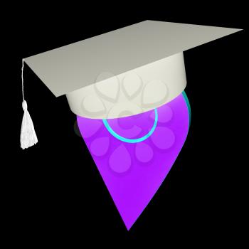 Geo pin with graduation hat on white. School sign, geolocation and navigation. 3d illustration