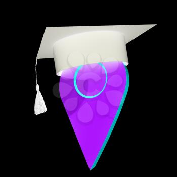 Geo pin with graduation hat on white. School sign, geolocation and navigation. 3d illustration