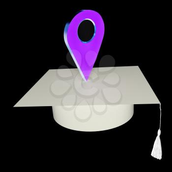 Geo pin with graduation hat on white. School sign, geolocation and navigation. 3d illustration