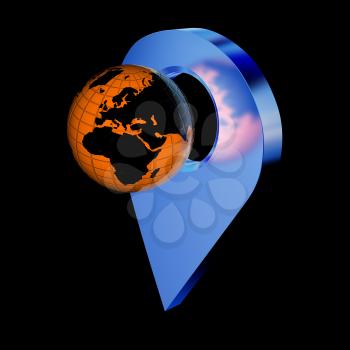 Planet Earth and golden map pins icon on Earth. 3d illustration.