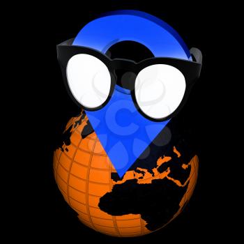 Glamour map pointer in sunglasses on Earth. 3d illustration