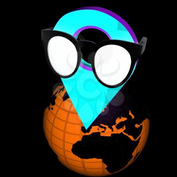 Glamour map pointer in sunglasses on Earth. 3d illustration