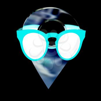 Glamour map pointer in sunglasses. 3d illustration