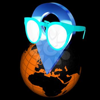 Glamour map pointer in sunglasses on Earth. 3d illustration