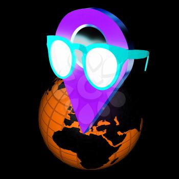 Glamour map pointer in sunglasses on Earth. 3d illustration