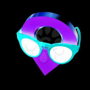 Glamour map pointer in sunglasses. 3d illustration