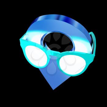 Glamour map pointer in sunglasses. 3d illustration