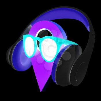 Glamour map pointer in sunglasses and headphones. 3d illustration