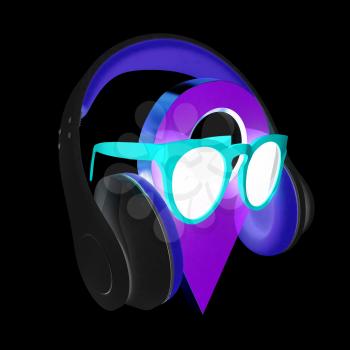 Glamour map pointer in sunglasses and headphones. 3d illustration