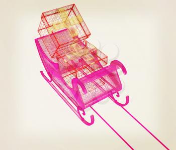 Concept of Christmas Santa sledge with gifts. 3d illustration. Vintage style