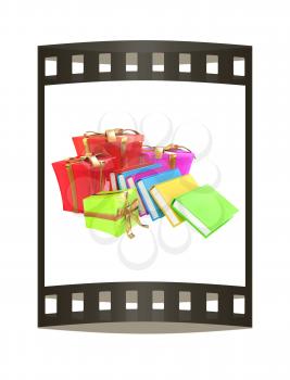 Gifts and books. 3d illustration. The film strip.