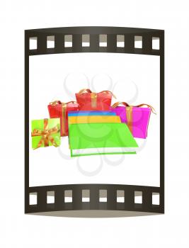 Gifts and books. 3d illustration. The film strip.