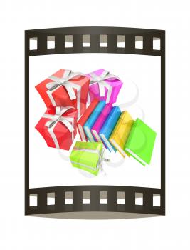 Gifts and books. 3d illustration. The film strip.