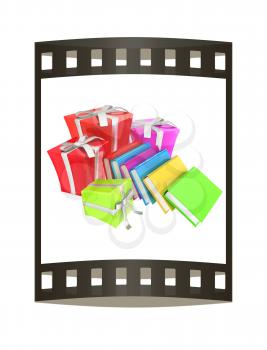 Gifts and books. 3d illustration. The film strip.