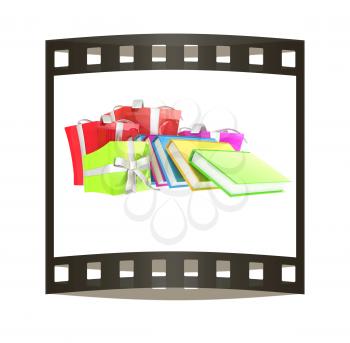 Gifts and books. 3d illustration. The film strip.