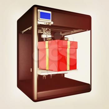 3d printer - gift. Modern technologies. Creating products of the innovative materials. 3d illustration. Vintage style