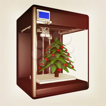 3d printer during work on the Christmas tree. 3d illustration. Vintage style