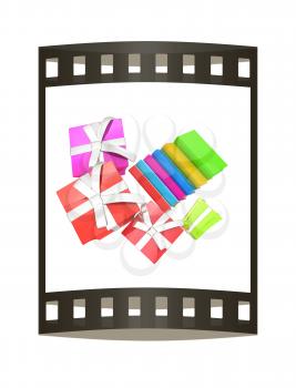 Gifts and books. 3d illustration. The film strip.