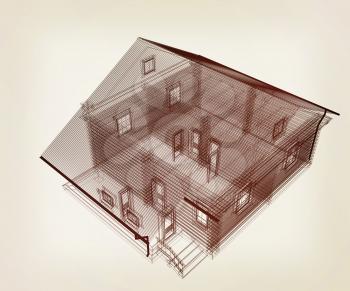 line drawing of house. Top view. 3d illustration. Vintage style